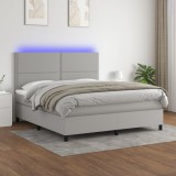 Pat vidaXL cu arcuri, saltea &amp; LED, 160x200 cm, gri deschis, textil. Cadru pat + tablie ajustabila. Protectie saltea inclusa