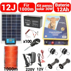 Kit pachet gard electric 12 Joule 12 220V cu kit fotovoltaic panou 30W baterie 12ah 1000m (BK87122-1000-30W-12ah)