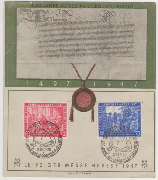 Carte postala carton tip FDC Germania Targul de topamna Leipzig 1947