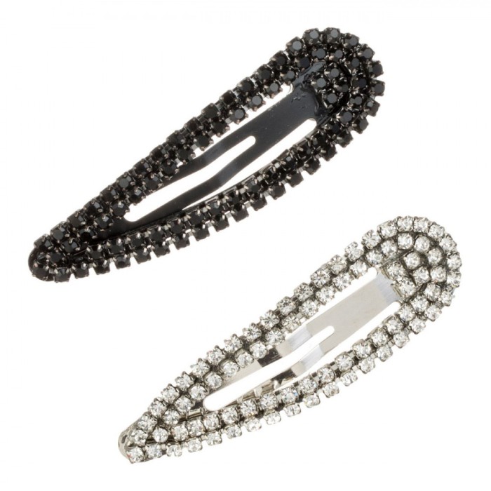 Set Clame Păr, Model Metalic, Strass, Negru și Transparent, 5.5 cm, 2 Bucăți