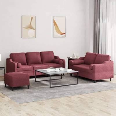 vidaXL Set canapea cu perne, 3 piese, roșu vin, material textil 3201864 foto