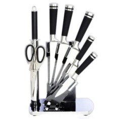 Set cutite cu 8 piese, confectionate din inox, cu lama din otel inoxidabil, manere erogonomice, cu suport, foarfeca si pila de ascutit