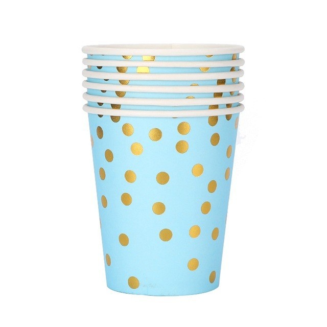 Set 10 pahare, flippy, imprimeu cu buline, din carton, 250 ml, 7.5 x 8.5 x 5.2 cm, albastru/auriu