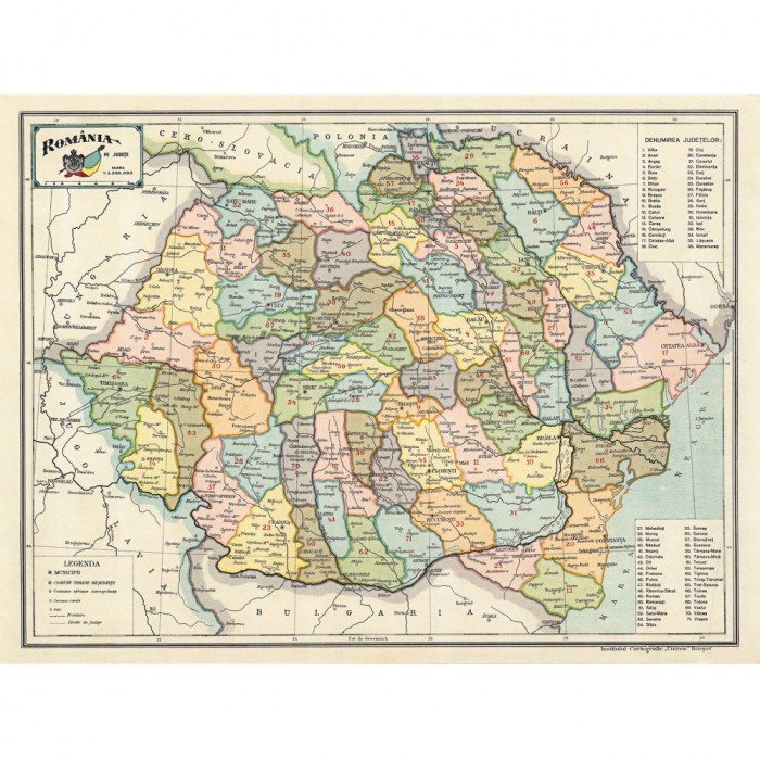 Harta Romania pe judete, 1938, 50x70cm, repro