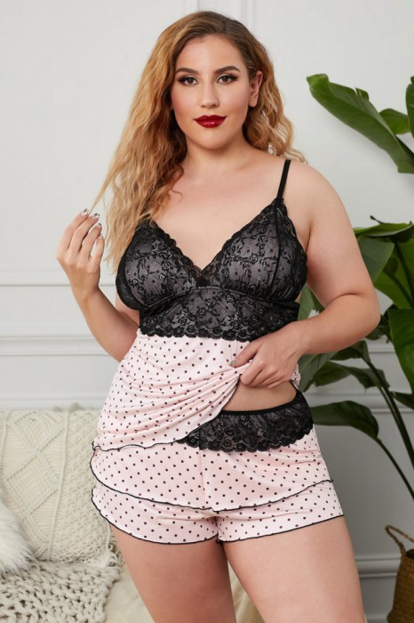 Y542-51 Pijama cu dantela si model cu buline mici - plus size