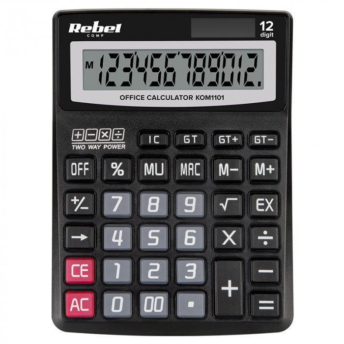 Calculator de birou Rebel, 12 cifre, functie stergere, numere negative, Grand Total, memorie, Negru