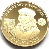 ALDERNEY 5 POUNDS 2007,AG.925,PLACAT AUR 999,PROOF,28.28 GR.( HENRY VII.)