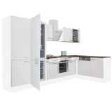 Dulap de bucătărie de colț Yorki 340, corp alb, față alb satinat, element cuptor inferior, dulap cu raft, frigider congelator inferior