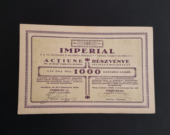 Actiune 1928 Imperial Oradea / Paprika / Cultivarea ardeiului / actiuni / titlu