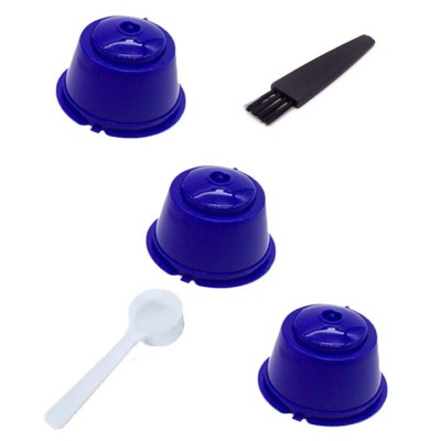 Set 3 Capsule cafea, reutilizabila, reincarcabila, compatibil Dolce Gusto, albastru inchis, cu periuta si foto