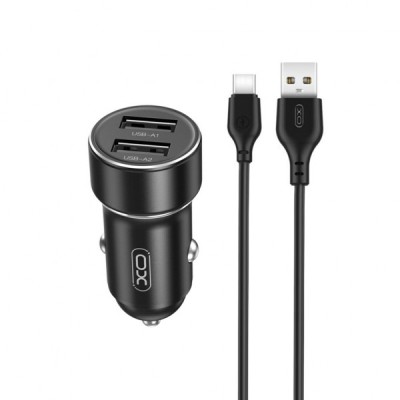 Incarcator Auto Cu Cablu USB-C XO Design CC53, 12W, 2.4A, 2 x USB-A, Negru foto