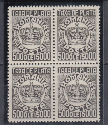 1947 TAXA DE PLATA COROANA (CU FILIGRAN) EMISIUNEA a IV-a BLOC DE 4 TIMBRE MNH foto