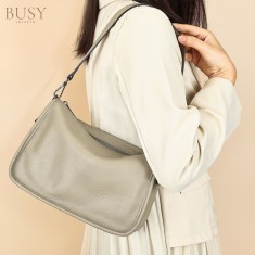 Geanta din piele naturala pentru dama, BUSY LDY&amp;GTM&reg; Emma, curea umar motiv traditional, Gri/bej