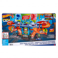 Set de joaca cu masinuta, Hot Wheels, Mega Tower, Spalatorie auto, HDP05