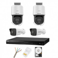 Sistem de supraveghere IP POE Hikvision cu 4 camere, 2 Camere Rotative 4MP cu lumină albă 30m, 2 camere bullet de 4 Megapixeli, Infraroșu 30m, Lentilă