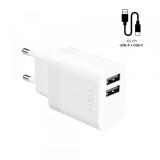 Incarcator Retea Cu Cablu USB-C Fixed, 17W, 3A, 2 x USB-A, Alb