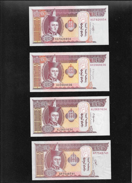 Set Mongolia 4 x 20 tugrik semnaturi diferite unc