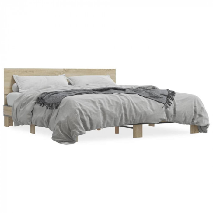 vidaXL Cadru de pat, stejar sonoma, 200x200cm, lemn prelucrat și metal