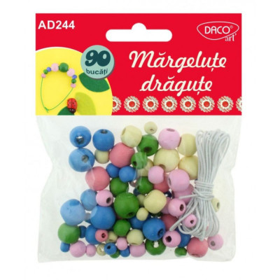 Margelute Lemn DACO, 90 Buc/Set, Elastic 1 m, Multicolor, Margele Bratari, Margele din Lemn, Margele Colorate Lemn, Margele Colorate, Margelute Colora foto