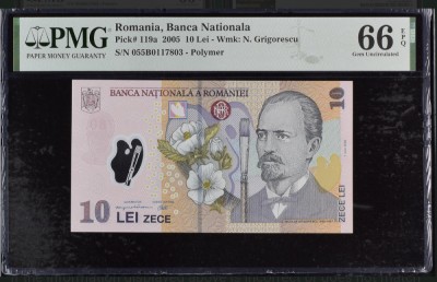 10 lei 2005 PMG66 UNC bancnota gradata foto