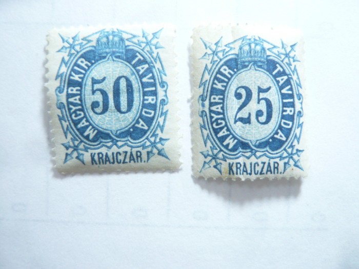 2 Timbre Ungaria 1873 Telegraf , val. 25 f cu pliu