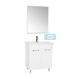 Cumpara ieftin Set mobilier baie GN0541, front MDF, cu lavoar ceramic, 60 cm, 2 usi, 2 rafturi, picioare cromate reglabile, balamale soft close si oglinda cu polita