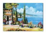 Cumpara ieftin Tablou peisaj mediteranean cu chiparosi pictat manual, O zi insorita pe terasa, 70x50cm ulei pe panza, Constantin Feraru