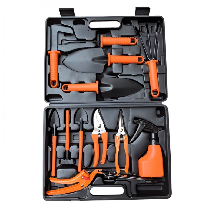 Set 12 unelte gr&Auml;din&Auml; cu m&Atilde;&cent;nere portocalii, pentru plantare &Egrave;i &Atilde;ngrijire, pvc &amp; carton, cutie inclus&Auml;, 37x28 cm, negru
