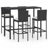 Set mobilier bar de grădină cu perne, 5 piese, negru, poliratan, vidaXL