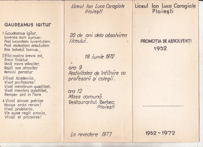 bnk div Liceul ILC Ploiesti - pliant revedere 1952-1972