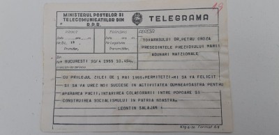 PETRU GROZA. Telegrama primita in 1955 de la Generalul Leontin Salajan foto