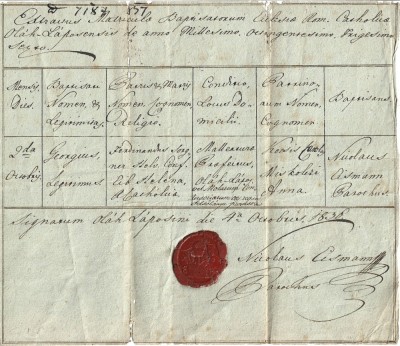 A3047N Extras din matricula botezaților, 1832, biserica catolică din Lăpuș, Maramureș, cu sigiliu &amp;icirc;n ceară roșie foto
