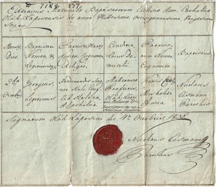 A3047N Extras din matricula botezaților, 1832, biserica catolică din Lăpuș, Maramureș, cu sigiliu &icirc;n ceară roșie