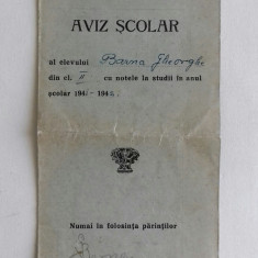CARNET / AVIZ SCOLAR 1941 - 1942