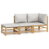 Set mobilier de gradina cu perne gri deschis, 3 piese, bambus