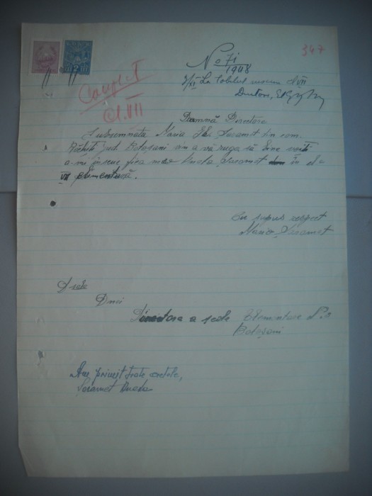 HOPCT DOCUMENT VECHI NR 463 MARIA SARAMET -EVREU -SCOALA NR 3 FETE BOTOSANI 1948