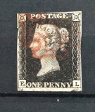 ANGLIA-1840-REGINA VICTORIA-Literele EL-BLACK -STAMPILA ROSIE CRUCEA MALTAZA-3 MARGINI CONFORM IMAGINII
