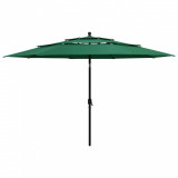 Umbrelă de soare 3 niveluri, st&acirc;lp de aluminiu, verde, 3,5 m, vidaXL