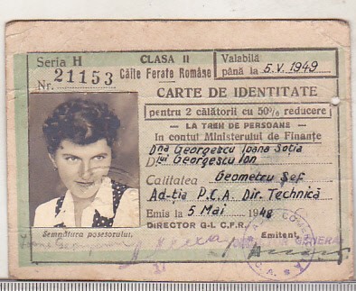 bnk div CFR - carte de identitate ptr 2 calatorii 50% reducere - cls II - 1949 foto