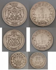 Monede romanesti, 2 lei 1875, 1 leu 1873, 50 bani 183 -monede argint Carol I foto