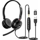 Cumpara ieftin Casti Call Center cu Microfon, Over-Ear, Reducere Zgomot, Control Volum, Mute, USB-C, Compatibile PC, Mac, PS4, PS5, Xbox, Negru
