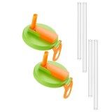 Cumpara ieftin Set 2 capace reutilizabile pentru doze cu pai transparent rabatabil si maner lateral, sistem anti-varsare universal 5.4 cm, verde