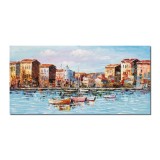 Tablou pictat manual living, dormitor, Veliere in port, 120x60cm ulei pe panza in cutit efect 3D, gata de expus pe perete