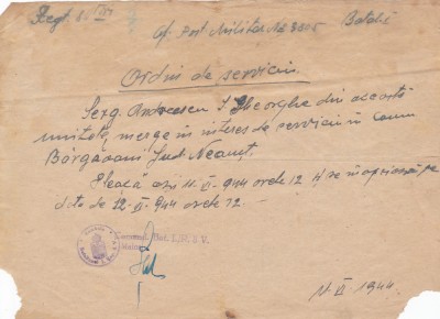 AMS @ - ORDIN DE SERVICI, BATALIONUL 1 REGIMENTUL 8 VANATORI, ANUL 1944, stampila frumoasa foto