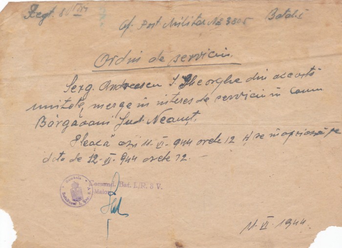 AMS @ - ORDIN DE SERVICI, BATALIONUL 1 REGIMENTUL 8 VANATORI, ANUL 1944, stampila frumoasa