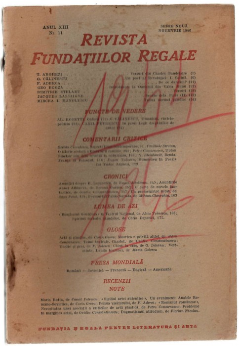 Revista Fundatiilor Regale 1 nov/1946 Arghezi G. Calinescu F. Aderca G. Bogza