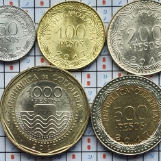 A041 Columbia set 5 monede 50, 100, 200, 500, 1000 Pesos 2016 - 2018 UNC