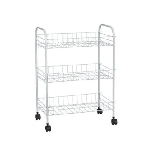 Etajera metalica, tip carucior, multifunctionala, cu roti, 3 etaje, alb