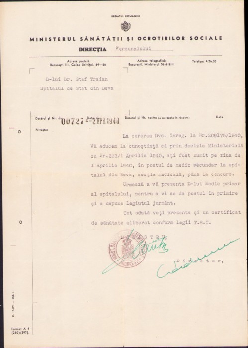 HST A2192 Numire &icirc;n post medic la Deva 1940