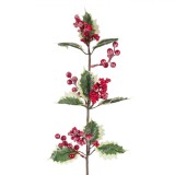 Crenguță Decorativă Crăciun, V&acirc;sc, Frunze Verzi, Fructe Roșii Ninse, 65cm, Plastic, Oem